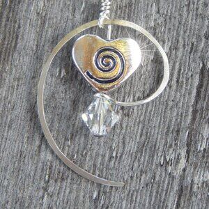 HEART EARRINGS - Silver Loop & Heart - Swarovski Crystals - Handmade in "USA"